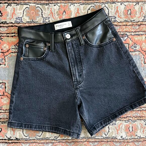 Abercrombie & Fitch The Dad Faux Leather High-Rise Denim Shorts - Picture 2 of 11